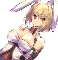 Rule 34 | 10s, 1girl, animal ears, blonde hair, breasts, rabbit ears, claire victorious, cleavage, dutch angle, female focus, god eater, god eater 3, large breasts, red eyes, simple background, solo, upper body, white background