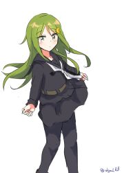 Rule 34 | 1girl, absurdres, black pantyhose, black sailor collar, black serafuku, black shirt, crescent, crescent hair ornament, feet out of frame, green eyes, green hair, hair ornament, highres, kantai collection, long hair, nagatsuki (kancolle), neckerchief, one-hour drawing challenge, pantyhose, robinson (day l full), sailor collar, sailor shirt, school uniform, serafuku, shirt, simple background, solo, white background, white neckerchief