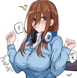 2girls ^^^ blue_cardigan blue_eyes breasts brown_hair cardigan collared_shirt commentary_request go-toubun_no_hanayome hair_between_eyes headphones headphones_around_neck highres large_breasts long_hair long_hair_between_eyes long_sleeves mame1645 motion_lines multiple_girls nakano_miku shirt speech_bubble white_background white_shirt