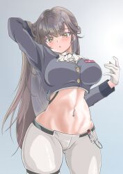 Rule 34 | 1girl, arm behind head, ascot, blue jacket, blush, breasts, brown eyes, brown hair, cropped jacket, d:, gloves, gluteal fold, goddess of victory: nikke, highres, jacket, large breasts, long hair, looking at viewer, malia wildcats, marciana (nikke), military jacket, navel, navel piercing, open mouth, pants, parted lips, piercing, solo, tight clothes, tight pants, white ascot, white gloves, white pants