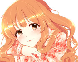 1girl :3 blush brown_eyes brown_hair commentary_request female_focus fujiwara_nao idolmaster idolmaster_cinderella_girls idolmaster_cinderella_girls_starlight_stage long_hair looking_at_viewer moroboshi_kirari solo sweater wavy_hair