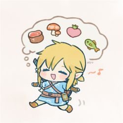 Rule 34 | 1boy, :d, ayu (mog), belt, blonde hair, blue shirt, blush, boots, chibi, closed eyes, facing viewer, fish, grey background, link, male focus, motion lines, mushroom, musical note, nintendo, open mouth, pants, pointy ears, ponytail, running, shirt, signature, simple background, smile, solo, spoken musical note, sword, the legend of zelda, weapon, weapon on back