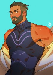 Rule 34 | 1boy, absurdres, armpit hair, artist name, bara, beard, black bodysuit, bodysuit, closed mouth, coat, creatures (company), facial hair, game freak, highres, lab coat, looking at viewer, male focus, multicolored bodysuit, multicolored clothes, muscular, muscular male, nintendo, off shoulder, open clothes, open coat, pectorals, pink bodysuit, pokemon, pokemon sv, purple bodysuit, short hair, solo, turo (pokemon), undercut, upper body, xelgot