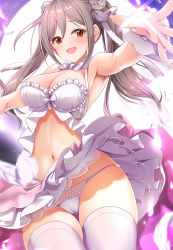 Rule 34 | 1girl, :d, armpits, blurry, blurry foreground, blush, breasts, cameltoe, cleavage, clothes lift, commentary request, dress, gluteal fold, grey hair, hair ornament, halter dress, halterneck, highres, idolmaster, idolmaster cinderella girls, idolmaster cinderella girls starlight stage, kanzaki ranko, long hair, looking at viewer, medium breasts, mk (mod0), navel, open mouth, outstretched arms, panties, pleated dress, reaching, reaching towards viewer, red eyes, revision, skirt, skirt lift, sleeveless, smile, solo, standing, thick thighs, thigh gap, thighhighs, thighs, twintails, underwear, white dress, white panties, white thighhighs, wrist cuffs