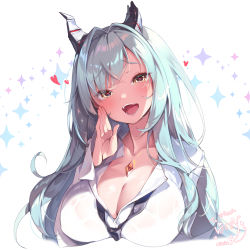 Rule 34 | 1girl, :d, absurdres, aqua hair, blush, breasts, broken horn, brown eyes, cleavage, collarbone, cropped torso, fang, hair intakes, hand up, head tilt, heart, heart-shaped pupils, highres, horns, kanola u, large breasts, long hair, long sleeves, looking at viewer, open mouth, original, shirt, signature, smile, solo, sparkle, sparkle background, symbol-shaped pupils, white background, white shirt