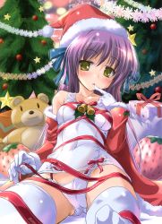 Rule 34 | 1girl, absurdres, bare shoulders, bell, christmas tree, detached sleeves, finger to mouth, fur trim, gift, gloves, hat, highres, jingle bell, komatsu eiji, long hair, off shoulder, one-piece swimsuit, parted lips, purple hair, sack, santa hat, scan, school swimsuit, sitting, solo, stuffed animal, stuffed toy, swimsuit, teddy bear, thighhighs, white gloves, white school swimsuit, white one-piece swimsuit, white thighhighs, yellow eyes