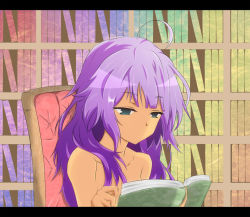 Rule 34 | 1girl, book, bookshelf, casual nudity, chair, female focus, gradient background, hikikomori, key (a30013001), letterboxed, long hair, messy hair, no mouth, open book, patchouli knowledge, purple eyes, purple hair, reading, sitting, solo, solo focus, topless frame, touhou