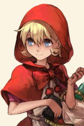 Rule 34 | 1girl, basket, blonde hair, blue eyes, bottle, bulleta, capcom, capelet, closed mouth, gun, hair between eyes, handgun, holding, holding gun, holding weapon, hood, hood up, hungry clicker, little red riding hood, little red riding hood (grimm), looking at viewer, pink background, pistol, red hood, red pupils, short hair, simple background, smile, solo, upper body, vampire (game), weapon, when you see it