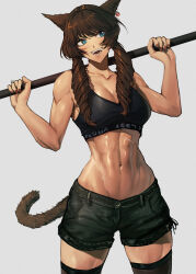 Rule 34 | 1girl, abs, absurdres, animal ears, black sports bra, black thighhighs, blue eyes, blush, breasts, brown hair, cleavage, collarbone, commission, facial mark, fangs, final fantasy, final fantasy xiv, highres, large breasts, long hair, looking away, looking to the side, madoro q, miqo&#039;te, muscular, muscular female, navel, open mouth, red nails, short shorts, shorts, skeb commission, smile, solo, sports bra, tail, teeth, thighhighs