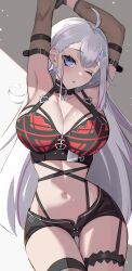 Rule 34 | 1girl, absurdres, ahoge, armpits, arms up, black choker, black shorts, bra, breasts, choker, cleavage, collarbone, cowboy shot, detached sleeves, earrings, ember amane, grey hair, hair ornament, heart, heart choker, heart o-ring, highres, jewelry, large breasts, long hair, multi-strapped bra, multicolored hair, navel, one eye closed, open fly, phase connect, plaid, plaid bra, purple hair, red bra, see-through, see-through sleeves, short shorts, shorts, silva arts, solo, streaked hair, stretching, thigh strap, triangle earrings, underwear, virtual youtuber
