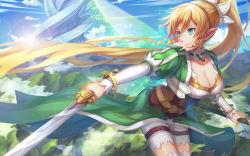 Rule 34 | 10s, 1girl, bent over, blonde hair, blue sky, bracelet, braid, breasts, choker, cleavage, cleavage cutout, clothing cutout, cloud, day, elf, fairy wings, female focus, flying, green eyes, hair ornament, high ponytail, highres, holding, holding sword, holding weapon, hua-j, jewelry, landscape, large breasts, leafa, lens flare, long hair, long skirt, looking back, mountain, outdoors, pale skin, pointy ears, ponytail, side braid, skirt, sky, smile, solo, sparkle, sword, sword art online, twin braids, very long hair, weapon, wings