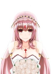 Rule 34 | 1girl, bare shoulders, blush, bouquet, breasts, bridal veil, cleavage, dress, elbow gloves, fate/grand order, fate (series), flower, gae bolg (fate), gloves, hair ornament, holding, holding bouquet, jewelry, kohana shirubeka, large breasts, long hair, looking at viewer, necklace, purple hair, red eyes, scathach (fate), scathach (fate), simple background, smile, solo, strapless, strapless dress, veil, very long hair, wedding dress, white background, white dress, white gloves