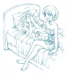 Rule 34 | 2girls, aftersex, ballpoint pen (medium), bare arms, bare legs, barefoot, bbb (friskuser), bed, blanket, breasts, cleavage, collarbone, covering own eyes, covering own mouth, crossed legs, crying, cup, darjeeling (girls und panzer), feet, full body, girls und panzer, hair bun, holding, holding cup, kay (girls und panzer), legs, limited palette, looking at another, lying, medium breasts, medium hair, multiple girls, naked towel, on back, on bed, open mouth, pillow, ruined for marriage, short hair, single hair bun, sitting, smile, teacup, toes, towel, traditional media