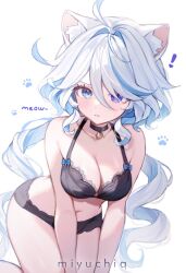 Rule 34 | !, 1girl, ahoge, angry, animal ears, artist name, bare shoulders, bell, black bra, black choker, black panties, blue eyes, blue hair, blush, bra, breasts, cat ears, cat girl, choker, cleavage, closed mouth, collarbone, commentary, cropped legs, english commentary, furina (genshin impact), furrowed brow, genshin impact, hair between eyes, hair intakes, highres, kemonomimi mode, light blue hair, long hair, looking at viewer, medium breasts, miyuchiq, multicolored hair, neck bell, panties, paw print, simple background, solo, streaked hair, underwear, underwear only, v-shaped eyebrows, wavy hair, white background