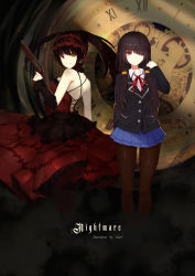 Rule 34 | absurdres, asymmetrical hair, bare shoulders, black hair, black jacket, black legwear, blue skirt, breasts, clock eyes, clockwork, date a live, detached sleeves, dress, dual persona, gothic lolita, grin, gun, hair over one eye, hairband, heterochromia, highres, holding, holding gun, holding weapon, jacket, lolita fashion, lolita hairband, looking at viewer, looking back, medium breasts, pantyhose, pleated skirt, red dress, red eyes, roman numeral, school uniform, skirt, smile, symbol-shaped pupils, tokisaki kurumi, twintails, weapon, xiaoxiao, yellow eyes