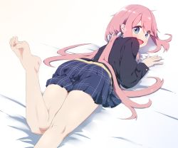 Rule 34 | 1girl, :d, ass, barefoot, blue eyes, highres, kagamihara nadeshiko, kneepits, long hair, lying, oekakiism, on stomach, open mouth, pink hair, school uniform, smile, solo, twintails, yurucamp