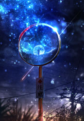 Rule 34 | 1girl, absurdres, arrow (symbol), bad id, bad pixiv id, commentary request, grass, highres, mirror, night, night sky, original, outdoors, poniila1234, power lines, scenery, sky, solo, star (sky), starry sky, traffic mirror, translation request, utility pole, wide shot