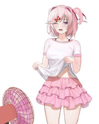 Rule 34 | 1girl, blush, breasts, clothes lift, commentary, doki doki literature club, drooling, electric fan, english commentary, hair ornament, hair ribbon, hairclip, highres, hot, layered skirt, lifting own clothes, medium breasts, natsuki (doki doki literature club), navel, one eye closed, open mouth, pink eyes, pink hair, pink skirt, pink trim, red ribbon, ribbon, shirt, shirt lift, simple background, skirt, solo, thighs, two side up, white background, white shirt, yami (rear4742)
