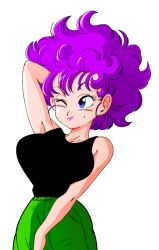 Rule 34 | 1girl, arm behind head, arm up, armpits, black shirt, blue eyes, breasts, closed mouth, cowboy shot, dragon ball, dragon ball (classic), female focus, large breasts, legs, lipstick, looking at viewer, makeup, medium hair, mole, mole under eye, one eye closed, pink lips, purple hair, ranfan, shirt, simple background, sleeveless, smile, solo, standing, thighs, transparent background, wink, yamamoto doujin