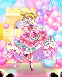 Rule 34 | 1girl, blonde hair, dress, flower, fresh precure!, full body, hair flower, hair ornament, heart, high heels, highres, layered dress, momozono love, official art, open mouth, pink dress, pink eyes, pink footwear, precure, precure connection puzzlun, short twintails, smile, solo, third-party source, twintails