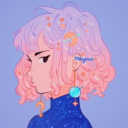 Rule 34 | 1girl, arrow (projectile), artist name, bad id, bad twitter id, constellation, constellation print, crescent, crescent earrings, crescent hair ornament, earrings, gradient hair, hair ornament, highres, jewelry, meyoco, multicolored hair, original, pink hair, plant, portrait, profile, purple background, purple hair, saturn (planet), short hair, simple background, solo, sparkle, star (symbol), star earrings, virgo (constellation)