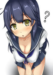 Rule 34 | 10s, 1girl, ?, bad id, bad pixiv id, black hair, black sailor collar, black skirt, blush, breasts, cleavage, collarbone, commentary request, covered erect nipples, highres, kantai collection, leaning forward, long hair, looking at viewer, medium breasts, open mouth, pleated skirt, sailor collar, school uniform, serafuku, shadow, short sleeves, skirt, solo, terakoya, ushio (kancolle), white background, yellow eyes