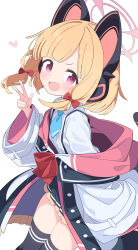 Rule 34 | 1girl, absurdres, animal ear headphones, animal ears, black skirt, black thighhighs, blonde hair, blue archive, blue necktie, blush, bow, collared shirt, fake animal ears, hair bow, halo, headphones, highres, hiroikara (smhong04), jacket, long sleeves, looking at viewer, momoi (blue archive), necktie, open clothes, open jacket, open mouth, pink halo, pleated skirt, red bow, red eyes, shirt, short hair, simple background, skirt, smile, solo, thighhighs, v, white background, white jacket, white shirt, wide sleeves