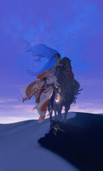 1boy 1girl black_hair blonde_hair camel cloak desert highres hood ibuki_satsuki long_hair night original