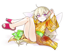 Rule 34 | 1girl, :3, arms behind head, blonde hair, blush, closed mouth, clownpiece, crossed legs, fairy wings, green sash, hair ornament, hairclip, highres, japanese clothes, kimono, long hair, looking at viewer, obi, orange kimono, purple eyes, red footwear, sash, simple background, sitting, slippers, smile, smug, solo, touhou, very long hair, white background, wings, x hair ornament, yassy