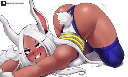 Rule 34 | 1girl, animal ears, artist name, ass, ass shake, blush, boku no hero academia, come hither, dark-skinned female, dark skin, echo saber, female focus, heattech leotard, huge ass, leotard, looking at viewer, mirko, motion lines, rabbit ears, rabbit girl, rabbit tail, red eyes, smile, solo, tail, thick thighs, thighhighs, thighs, top-down bottom-up, turtleneck
