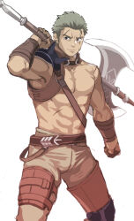 Rule 34 | 1boy, abs, armor, armpits, axe, bara, belt, brown eyes, dieck (fire emblem), fire emblem, fire emblem: the binding blade, green hair, highres, holding, holding axe, holding weapon, light smile, looking to the side, male focus, muscular, muscular male, navel, nintendo, pectorals, scar, scar across eye, scar on face, short hair, shoulder armor, smile, solo, uruonurun, v-shaped eyebrows, weapon, white background