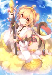 Rule 34 | 10s, 1girl, :3, absurdres, ahoge, andira (granblue fantasy), animal ears, antenna hair, bad id, bad pixiv id, bare shoulders, barefoot, blonde hair, blue sky, blush, bow, bracer, breasts, cherry blossoms, cleavage, cleavage cutout, closed mouth, clothing cutout, cloud, collarbone, day, detached sleeves, diamond (shape), earrings, erune, eyebrows, eyes visible through hair, feet, fingernails, fur, granblue fantasy, hagoromo, hair between eyes, hairband, halterneck, highres, holding, holding staff, jewelry, kaenuco, leggings, leotard, light particles, long sleeves, looking at viewer, monkey ears, monkey tail, on cloud, orange eyes, petals, rope, sash, shawl, shimenawa, short hair, sitting, sky, small breasts, solo, sparkle, staff, striped, striped bow, tail, toes, two side up, wariza, white leotard, wide sleeves