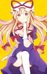 Rule 34 | 1girl, absurdres, blonde hair, blush, bow, breasts, cleavage, crossed legs, dress, elbow gloves, frilled dress, frills, gloves, hat, highres, large breasts, long hair, looking at viewer, mob cap, purple dress, purple eyes, red bow, red ribbon, ribbon, short sleeves, simple background, touhou, very long hair, white gloves, white headwear, white legwear, yakumo yukari, yellow background, zerokosan