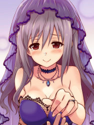 Rule 34 | 10s, 1girl, bare shoulders, blush, breasts, choker, cleavage, elbow gloves, engagement ring, fishnet gloves, fishnets, gloves, grey hair, hair down, idolmaster, idolmaster cinderella girls, jewelry, kanzaki ranko, large breasts, long hair, looking at viewer, necklace, ornate ring, red eyes, ring, single elbow glove, smile, solo focus, tears, upper body, uraichishi, veil