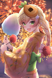 Rule 34 | 1girl, :d, aerial fireworks, alternate costume, alternate hairstyle, blonde hair, blush, braid, candy apple, character mask, collared shirt, cotton candy, fang, fangs, fireworks, flower, food, from side, green eyes, hair flower, hair ornament, highres, holding, holding food, hololive, japanese clothes, kimono, long hair, looking at viewer, mask, mask on head, momosuzu nene, nekko (momosuzu nene), obi, open clothes, open kimono, open mouth, peach print, print kimono, sash, shirt, skin fang, smile, solo, suicabar72, summer festival, virtual youtuber, yukata