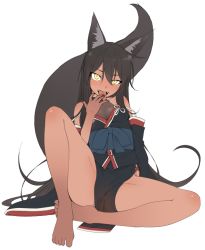 Rule 34 | 1girl, animal ears, barefoot, black hair, breasts, detached sleeves, fangs, fox ears, fox girl, fox tail, full body, hair between eyes, hand up, japanese clothes, licking, licking finger, long hair, looking at viewer, open mouth, original, pelvic curtain, ryuusei (ryuuseiseikou), simple background, sitting, small breasts, solo, spread legs, tail, tamakagura tatari, tan, tongue, very long hair, white background, yagi (ningen), yellow eyes