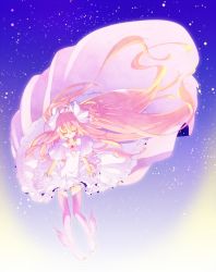 Rule 34 | 10s, 1girl, ankle wings, ayu (rinrin53), boots, choker, closed eyes, dress, frills, full body, gem, gloves, highres, kaname madoka, long hair, magical girl, mahou shoujo madoka magica, mahou shoujo madoka magica (anime), pink footwear, pink hair, pink thighhighs, shawl, smile, solo, spoilers, thighhighs, two side up, ultimate madoka, white dress, wings
