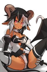 Rule 34 | 1girl, :d, bare shoulders, black hair, black tail, blush, breasts, brown horns, crossed bangs, dark-skinned female, dark skin, demon girl, demon horns, demon tail, demon wings, elbow gloves, fang, garoudo (kadouhan&#039;i), gloves, groin, hair between eyes, hands on own thighs, horns, leotard, looking at viewer, low wings, medium breasts, multicolored hair, navel, open mouth, original, pointy ears, short hair, simple background, sitting, smile, solo, spaghetti strap, spread legs, tail, thighhighs, thighs, tsurime, two-tone hair, v-shaped eyebrows, white background, white hair, wings