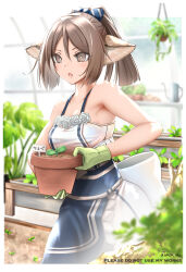 Rule 34 | 1girl, animal ears, arknights, armpit crease, blush, brown eyes, brown hair, day, dress, flower, fox ears, fox girl, gloves, greenhouse, highres, holding, open mouth, perfumer (arknights), plant, potted plant, rose, running, solo, watering can, white flower, white rose, yokaze (yokajie)
