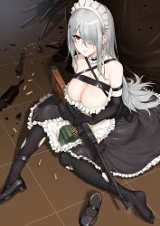 Rule 34 | 1girl, absurdres, alternate costume, ammunition, ammunition box, apron, bad id, bad pixiv id, bare shoulders, black footwear, black gloves, black pantyhose, bottle, breasts, broken bottle, chair, chest strap, choker, cleavage, closed mouth, commentary, dawalixi, dress, enmaided, frilled choker, frills, girls&#039; frontline, gloves, gun, hair over one eye, high heels, highres, holding, holding gun, holding weapon, large breasts, long hair, machine gun, maid, maid headdress, pantyhose, pk (girls&#039; frontline), red eyes, rifle, shell casing, sidelocks, silver hair, sitting, tile floor, tiles, waist apron, weapon