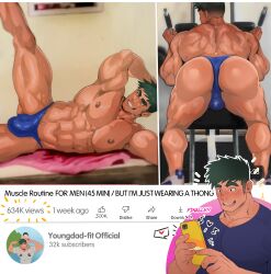 Rule 34 | 1boy, abs, absurdres, ass, back, bara, black hair, blue male underwear, bulge, exercising, fake video, highres, holding, holding phone, large pectorals, looking at phone, male focus, male underwear, muscular, muscular male, navel, nipples, open mouth, original, pectorals, phone, robokeh, short hair, smile, teeth, thick thighs, thighs, thong, underwear, youtube