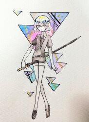 Rule 34 | 1other, black jacket, black necktie, black shorts, closed mouth, collared shirt, diamond (houseki no kuni), elbow gloves, full body, gem uniform (houseki no kuni), gloves, gradient hair, holding, holding sword, holding weapon, houseki no kuni, jacket, looking at viewer, multicolored hair, necktie, puffy short sleeves, puffy sleeves, shirt, short sleeves, shorts, smile, solo, standing, sword, thighhighs, triangle, wakame 031412, weapon, white gloves, white shirt, white thighhighs