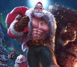 Rule 34 | 1boy, abs, alternate costume, arm hair, bara, bare pectorals, beard, braum (league of legends), brown gloves, bulge, carrying over shoulder, chest hair, creature, denim, dopey (dopq), facial hair, full moon, fur-trimmed jacket, fur trim, gift bag, gloves, hat, highres, jacket, jeans, jewelry, large pectorals, league of legends, looking at viewer, male focus, mature male, moon, muscular, muscular male, mustache, necklace, nipples, old, old man, open clothes, open jacket, pants, pectorals, red jacket, santa costume, santa hat, short hair, snowing, solo, stomach, thick eyebrows, walking, wrinkled skin