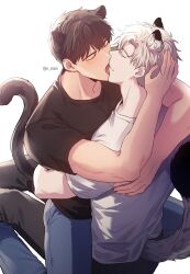 Rule 34 | 2boys, absurdres, animal ears, black pants, blue pants, brown hair, brown shirt, cat boy, cat ears, cat tail, closed eyes, closed mouth, french kiss, highres, ilay riegrow, jeong taeui, kiss, male focus, multiple boys, o ssion, open mouth, pants, passion (manhwa), shirt, tail, white hair, white shirt, yaoi