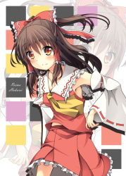 Rule 34 | 1girl, ascot, bad id, bad pixiv id, blush, bow, brown hair, character name, detached sleeves, female focus, hair bow, hair tubes, hakurei reimu, japanese clothes, long hair, looking at viewer, miko, oruto (ort+), oruton, smile, solo, touhou, yellow eyes, zoom layer