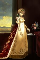 1girl axis_powers_hetalia belgium_(hetalia) breasts brown_hair cape cleavage dress full_body fur-trimmed_cape fur_trim green_eyes hair_ribbon hairband highres indoors jewelry kaminai404 long_dress long_sleeves medium_breasts necklace ribbon short_hair smile solo standing window