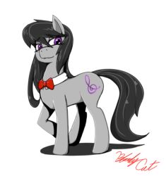 Rule 34 | 1girl, artist name, black hair, bloodycat, bow, bowtie, cutie mark, detached collar, english text, long hair, looking at viewer, my little pony, my little pony: friendship is magic, octavia melody, purple eyes, signature, smile, solo, standing, treble clef, white background