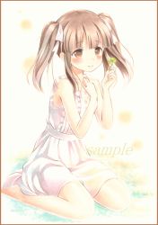 Rule 34 | 10s, 1girl, bad id, bad pixiv id, bare arms, bare shoulders, barefoot, blush, border, brown eyes, brown hair, clover, colored pencil (medium), dress, four-leaf clover, gradient background, hair ribbon, hand on own chest, idolmaster, idolmaster cinderella girls, looking to the side, marker (medium), ogata chieri, potto, potto (minntochan), ribbon, sample watermark, sash, short hair, sidelocks, sitting, sleeveless, sleeveless dress, smile, solo, sundress, traditional media, twintails, wariza, watermark