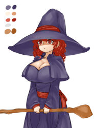 Rule 34 | 1girl, breasts, capelet, cleavage, color guide, eyebrows visible through hat, hat, highres, holding, large breasts, mage, original, palette (object), red eyes, red hair, sash, shaded face, solo, staff, steamingtofu, wavy hair, white background, wizard hat