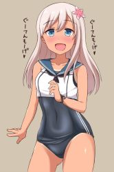 Rule 34 | 10s, 1girl, blue eyes, blush, check translation, covered navel, crop top, flower, hair flower, hair ornament, kantai collection, light purple hair, long hair, looking at viewer, one-piece swimsuit, one-piece tan, open mouth, ro-500 (kancolle), sailor collar, sama samasa, school swimsuit, school uniform, serafuku, simple background, smile, solo, swimsuit, swimsuit under clothes, tan, tanline, translation request
